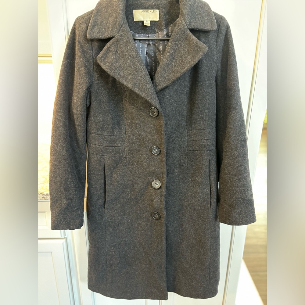 Anne Klein Pea Coat Collar Wool Cashmere Blend Overcoat Button Up Grey Sz 8